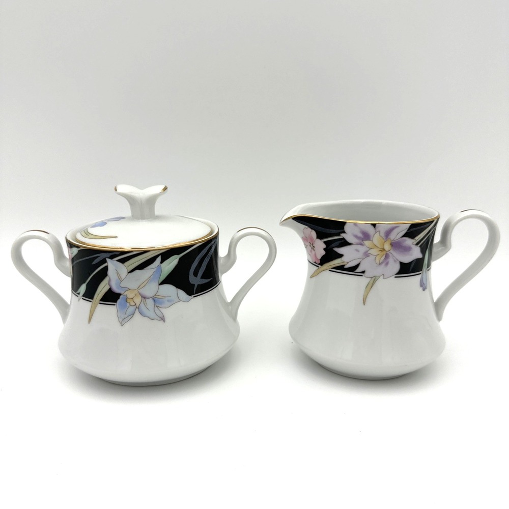 Mikasa Charisma Black L9050 Sugar Bowl and Creamer Set‎ Floral Gold Trim Japan